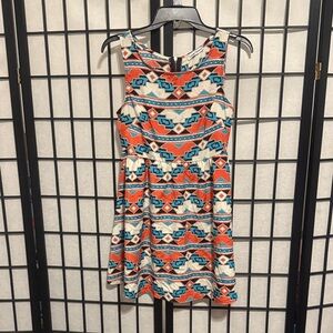 Chic Geometric Print Mini Dress in Orange and Blue
